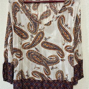 Lucky Brand Brown Cream Wrap Blouse 3/4 Sleeve